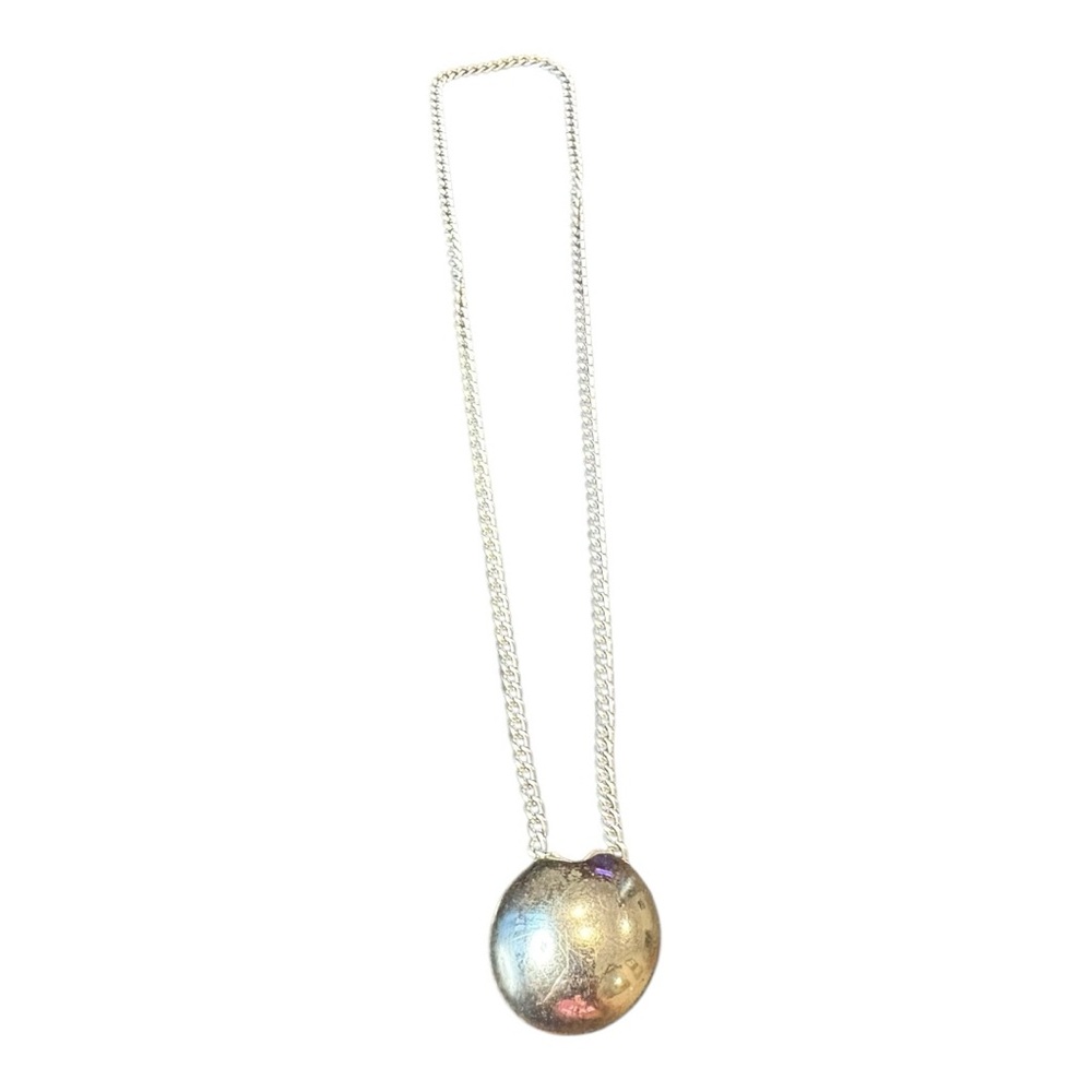 Vintage Silver-Tone Medallion Necklace 16” Chain Modernist Minimalist Button J15